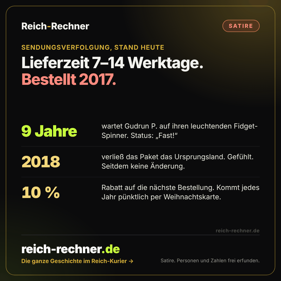 Satire-Grafik: Lieferzeit 7 bis 14 Werktage, bestellt 2017. Die Kundin wartet seit 9 Jahren, das Paket hat das Ursprungsland 2018 verlassen, jedes Jahr gibt es 10 Prozent Rabatt auf die nächste Bestellung.