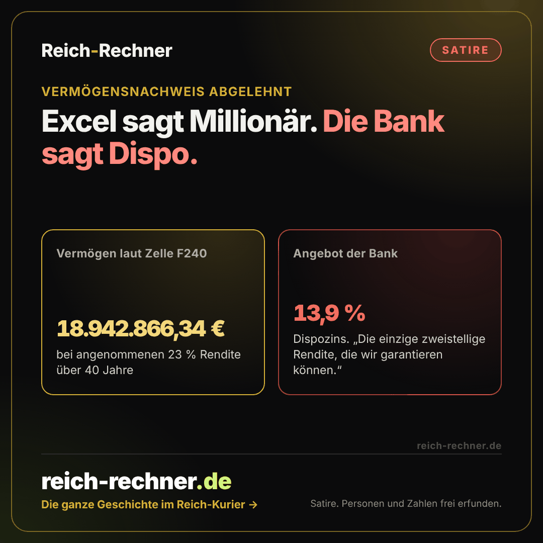 Satire-Grafik: Vermögen laut Excel-Zelle F240 18.942.866,34 Euro, Angebot der Bank: Dispo zu 13,9 Prozent.